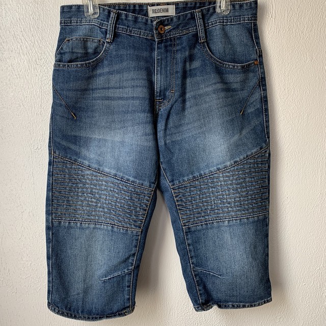 ReDenim Mens Blue Moto Biker Medium Wash Denim Bermuda Shorts Size 32