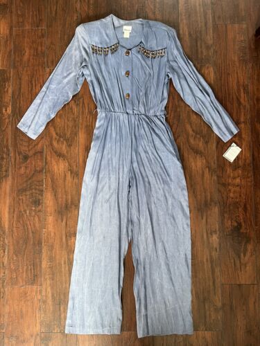Vintage 80s Styleworks Romper Jumpsuit Workwear Blue Women’s 10P? Beads USA Made - Picture 1 of 19