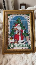 large vintage santa cross stitch in ornate gilt frame
