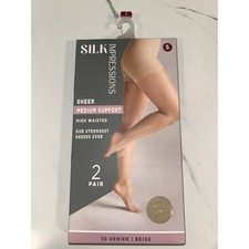 Silk Impressions 2 Pair Sheer Medium Support Pantyhose High Waisted Beige Small