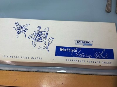 Vintage Emdeko Sheffield Cutlery Meat Carving Knife Fork Set Stainless Steel