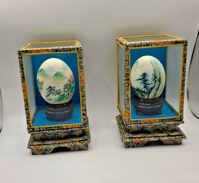 Vintage hand painted eggs from Japan in original box with display case