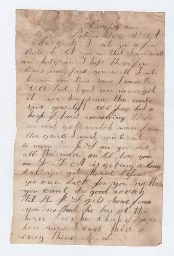 CONFEDERATE CIVIL WAR LETTER - 56th NC Vols, Heap of Hard Marching Petersburg NC