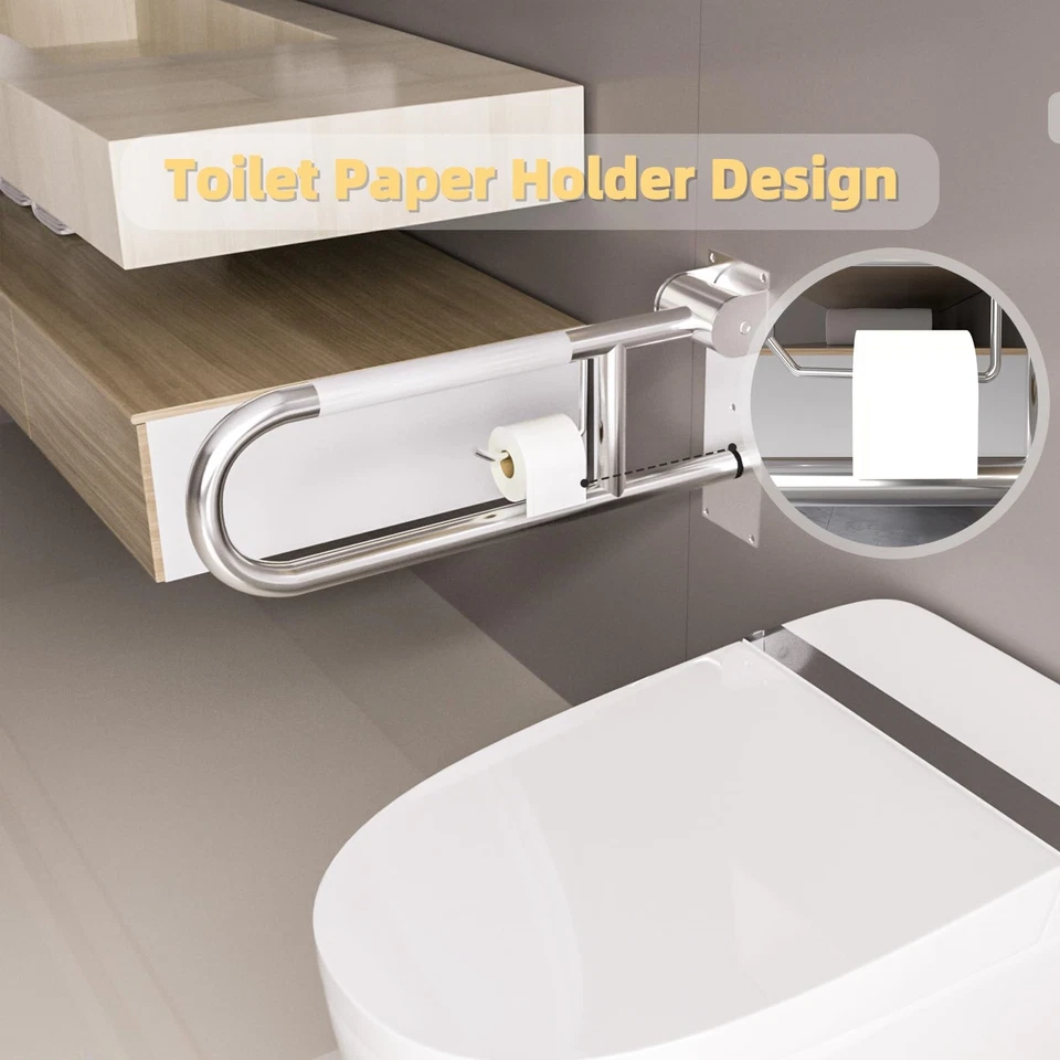 23 Inch Toilet Grab Bar, Flip Up Grab Bar with Paper Holder, Anti-Slip Safety... - Image 3 of 4