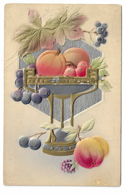 U.S. Neuheit Flachrelief Postkarte mit Früchten und Blättern verschickt 1911 Äpfel Pfirsiche
