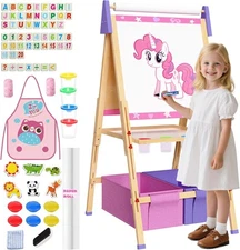 Kids Art Easel Set, Adjustable Double Sided Drawing Board, Wooden Easel for Pain