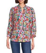 Clearance Plus 3X Calessa Floral VNeck 3/4 Sleeve Button-Front Tunic Pink Multi