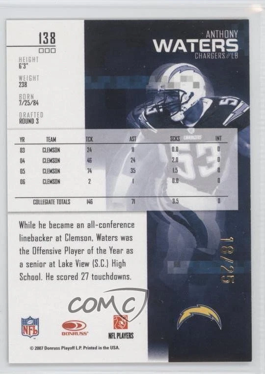 2007 Leaf Rookies & Stars Rookie Longevity Parallel Gold /25 Anthony Waters RC - Image 2 of 2