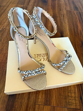 Badgley Mischka Gold Glitter Rhinestone Strappy Open Toe Heels Womens US 9.5