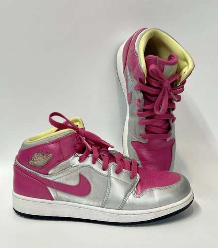 Scarpe Nike Air Jordan 1 Mid in pelle rosa argento metallizzato taglia Youth 7 o W8 5
