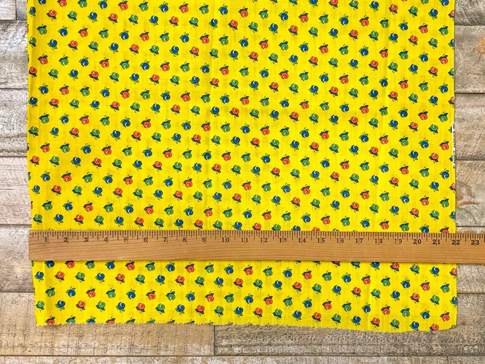 Yellow MOD Floral Feedsack Fabric Vintage Swirl Flowers Abbot Fabrics 22x44” - Image 2 of 4