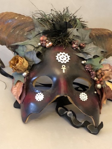 OOAK Mythical Brown Mask Woodland Horns Fantasy Feathers Ribbon Flowers Theater - Picture 7 of 11