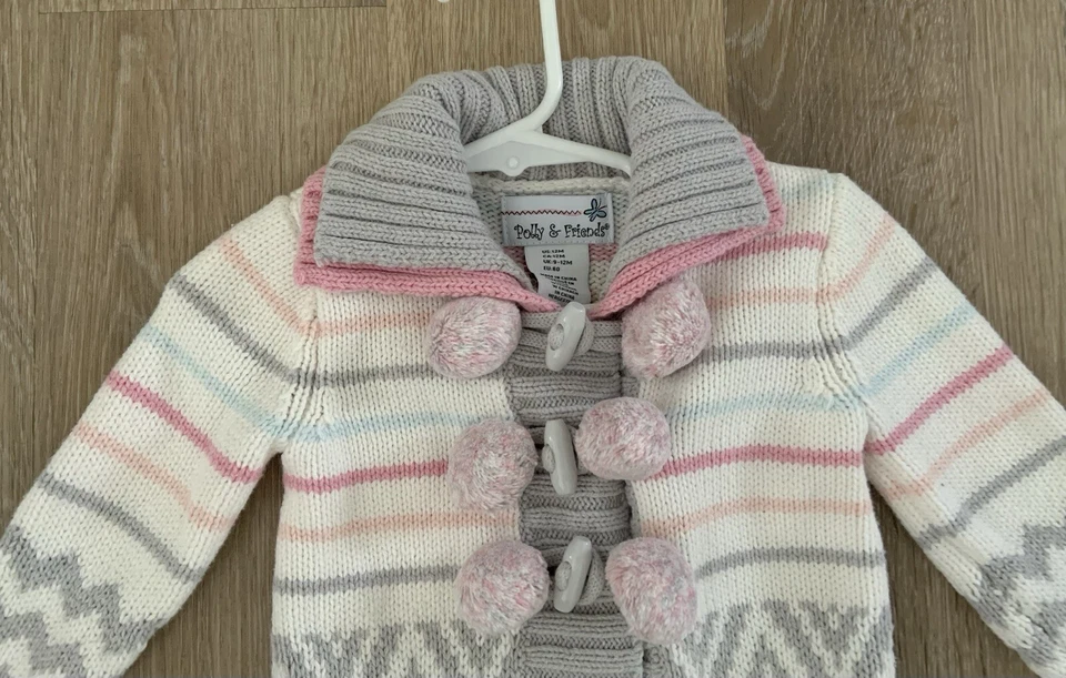 Polly & Friends Girl’s Size 12 Months Gorgeous Pink & Gray Sweater Coat - Image 2 of 4