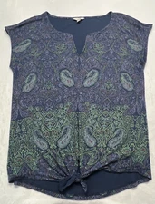 EUC Lucky Brand Womens M Top Cap Sleeve Front Tie Knot Blue Green Purple Paisley