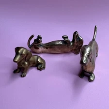 Vintage Brass Set Of 3 Dachshunds Sculptures Paper Weights Card Holder DOGS