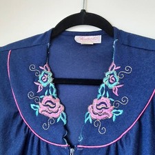 Vtg Royal Blue Velour House Robe Pink Rose Accent Muumuu Maxi Lounge Bathrobe LG