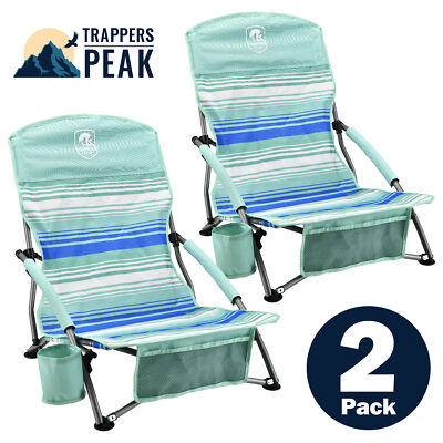 Trapper's Peak Low Profile Folding Beach Chair, 2PK, Mint Green Stripes