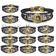 Unisex Handmade 12 Constellation Zodiac Round Pendant Leather Bangle Bracelet