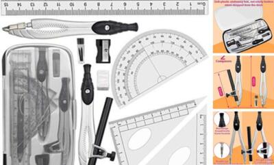 Geometry Compasses Set with Maths Protractor, Set Squares, Ruler, Black 