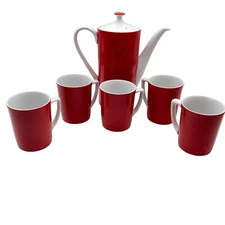 Vintage MCM coffee set Japan red white OCM coffee pot six cups ceramic