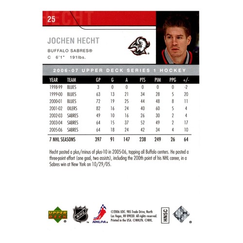 Tarjeta de hockey #25 Buffalo Sabers 2006-07 NHL Upper Deck Series 1 - Jochen Hecht - Imagen 2 de 2