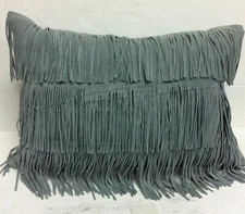 Frontgate Suede Fringe LUMBAR Pillow Decorative throw chair sofa 14x20 green