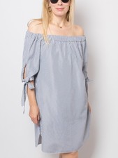 Off Shoulder Mini Dress Navy Striped Tie Bow Sleeve Size S Beach Resort Wear