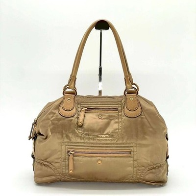 Tod's Beige Nylon Mini Boston Bag 2Way Leather Trim Gold Hardware Handbag