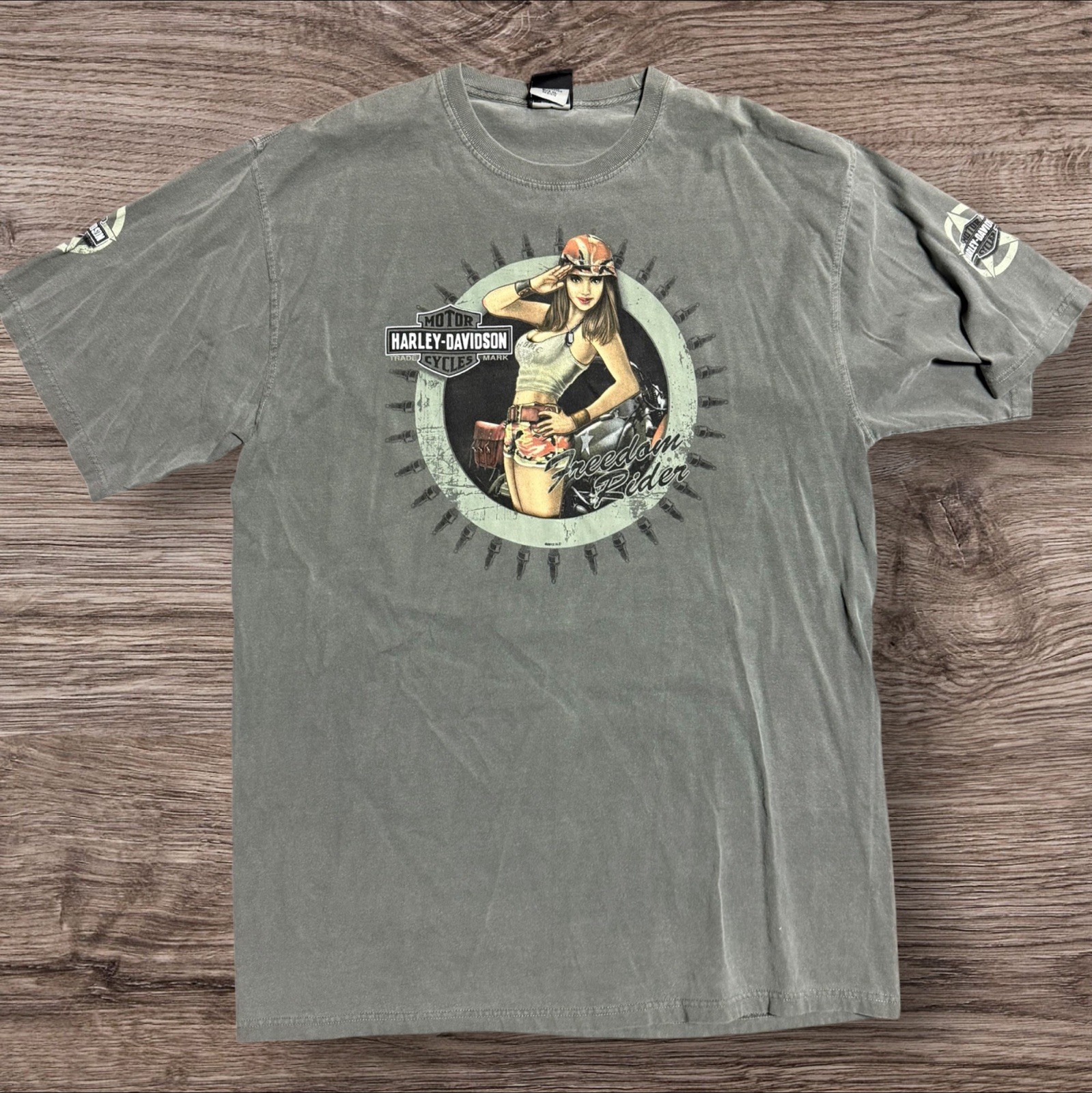 Harley Davidson Pinup Girl T-Shirt Mens XL Green WWII Biker Built Texas Vintage
