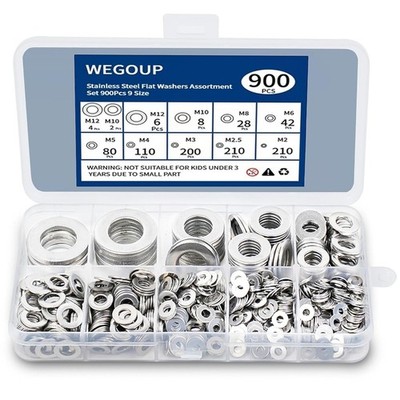900 Pcs 304 Stainless Steel Flat Washers Assorted Sizes M2 M2.5 M3 M4 M5 M6 M8