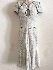 Monique Lhuillier Ivory Lace Midi Dress Black Trim Keyhole Front Size 6 #130 NWT