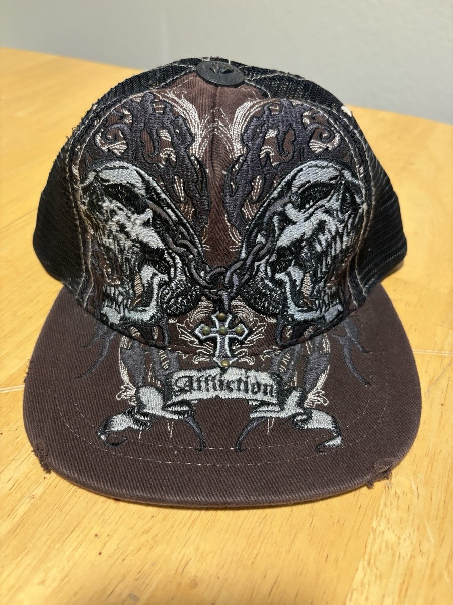Affliction Vintage Double Skull Brown Hat Adult Snap Back