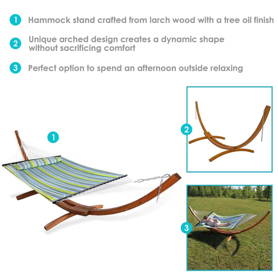 2-Person Quilted Hammock with Curved Wooden Stand - Blue/Green by Sunnydaze - Image 3 of 4