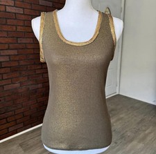 Metallic Bronze Ribbed Tank Top Gold Sequin Trim Glam Party