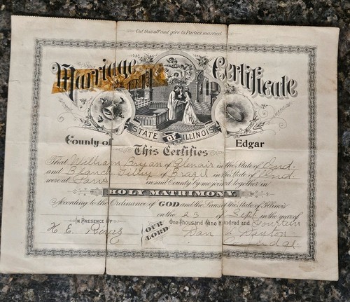 Ornate Marriage Certificate Illionios 1914 