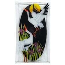 Peggy Karr Crane Fused Art Glass Plate Tray 8x14 Rectangle Asian Collection Bird