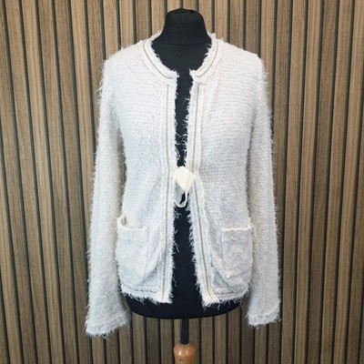 Elegance Paris Blazer Jacke Boucle Furry 12 weiß Langarm Band zum Binden