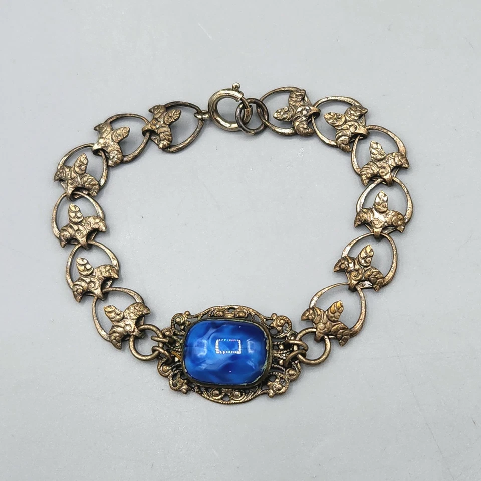 Brazalete Art Deco Azul Vidrio Satinado Placa Plata Repousse Panel Abierto Eslabón 7" Foto 2 de 4