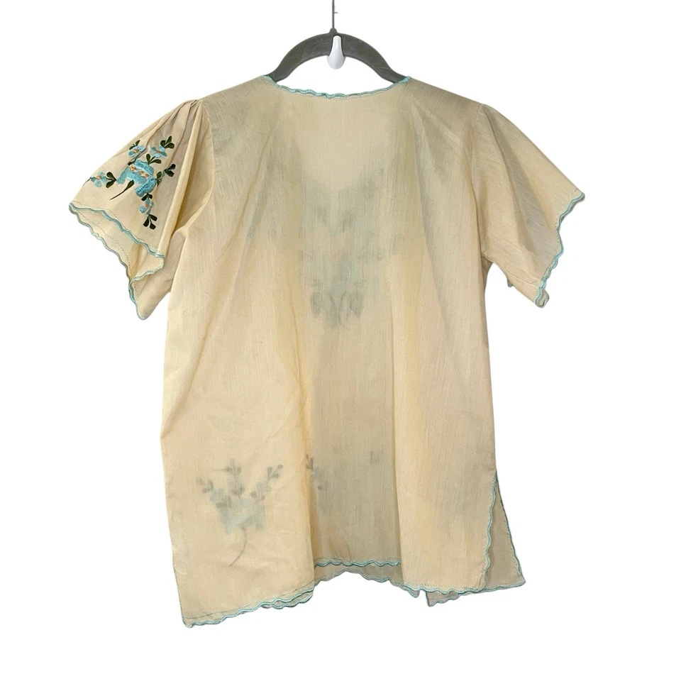 Blusa Campesina Floral Bordada Oaxaqueña Vintage Años 70 Hecha a Mano Azul Tostado Boho S Foto 2 de 4