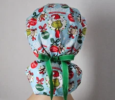 Bouffant/Ponytail Combo Scrub Hat - Christmas  Grinch Print on Blue