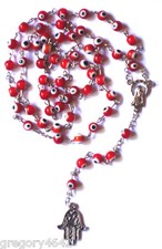 CHAPELET PORTE BONHEUR GREC OEIL MAIN DE KHAMSA COULEUR ROUGE