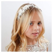 SWEETV Flower Girl Headpiece Ivory Tulle Flowers Wedding Headband for Silver