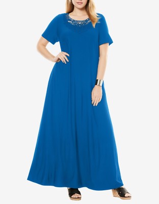 Jessica London Plus Size Petite Bright Cobalt Crochet Applique Maxi Dress  16W | eBay