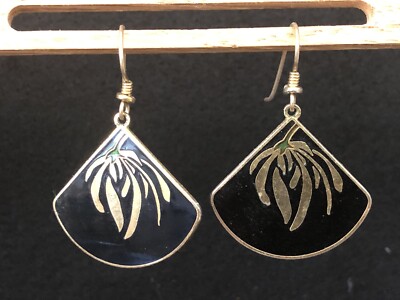 Laurel Burch WILLOW FAN EARRINGS Pierced Dangle BLACK W/  GOLD TONE VINTAGE Fan
