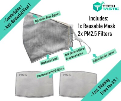 NanoTech Reusable Breathable Gray Cloth Face Mask Shield + Replaceable Filters