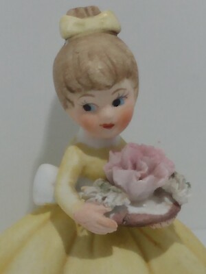 Napco Girl Figurine Pink Flower Basket Yellow Dress Hair Bow 8614