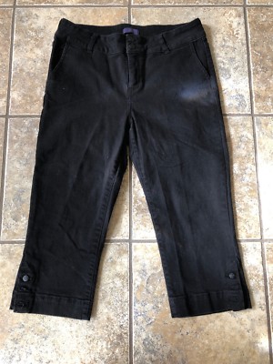 Womens black NYDJ capris cropped jeans cameron button hem stretch Size 12