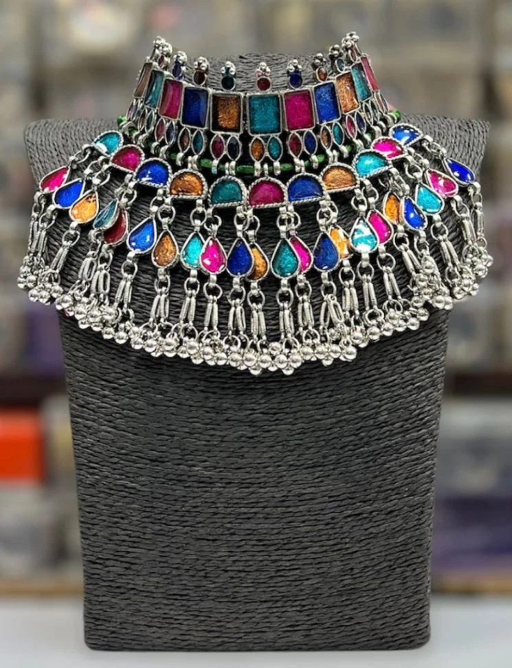 Ethnic Bollywood Style Design Silver Oxidized Choker Necklace Indian Jewelry  Set | eBay