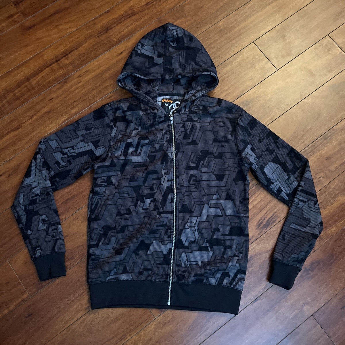 STUSSY Geometric Black Gray Full Zip Hoodie Jacket Men's S