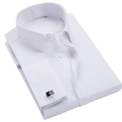 Camisas formales de oficina para hombre manga larga puño francés sin gemelos vestido boda - Imagen 10 de 29